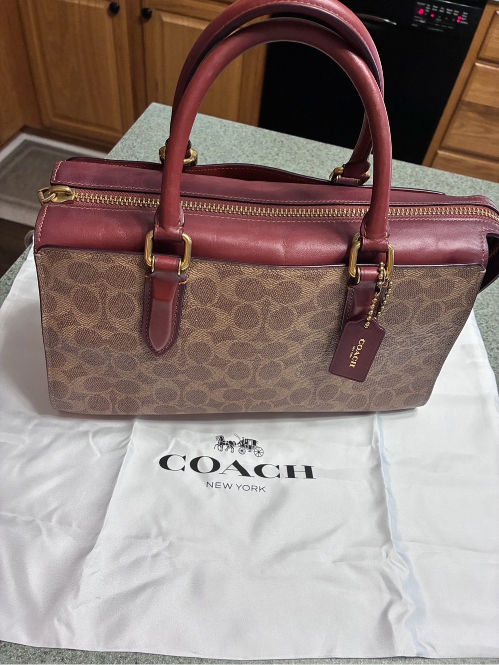 Coach Bond Satchel Signature Canvas Oxblood Rust Leather Bag Dust Bag $368